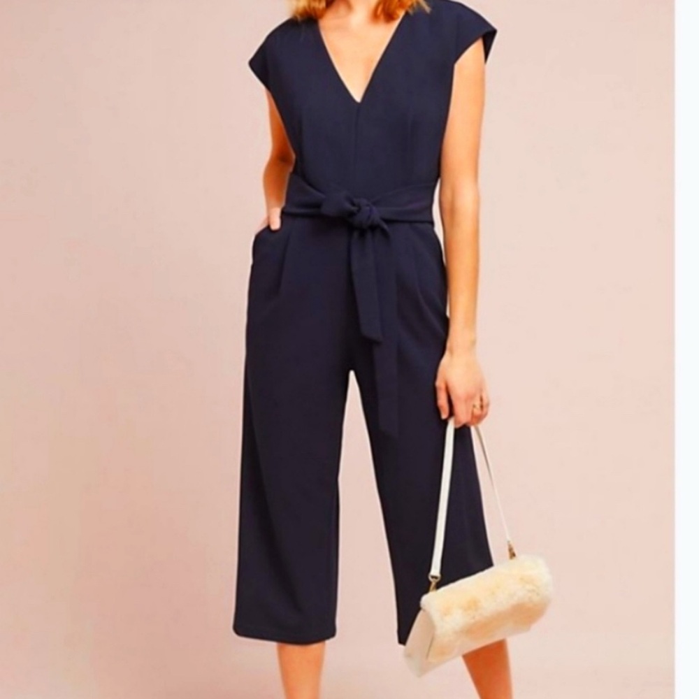 BISHOP + YOUNG Navy Blue Front Tie V-Neck Jumpsuit Women Large